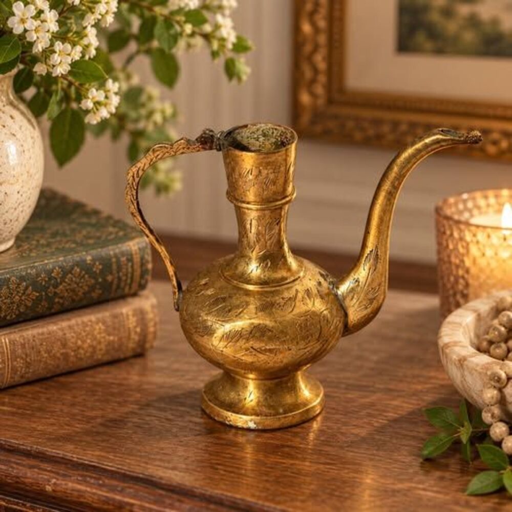Writing Miniature Vintage Brass Ewer 4.5 Inch Engraved Floral Pitcher Boho